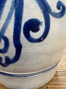 Vintage Salt Glazed European Stoneware Grey and Cobalt Blue Floral Design Crock