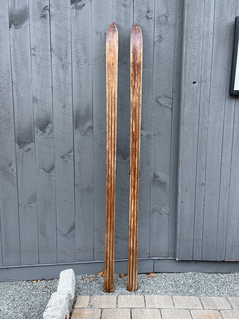 Vintage Wooden 91" Long Skis with Pointed Top Tips