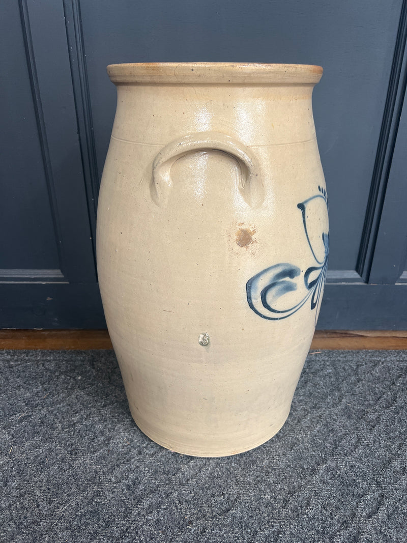 Antique Haxstun Ottman + Co. Fort Edward, NY 6 Gallon Stoneware Crock with Cobalt Floral Decoration
