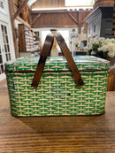 Vintage Green Faux Wicker Litho Tin Picnic Basket with Wooden Handles