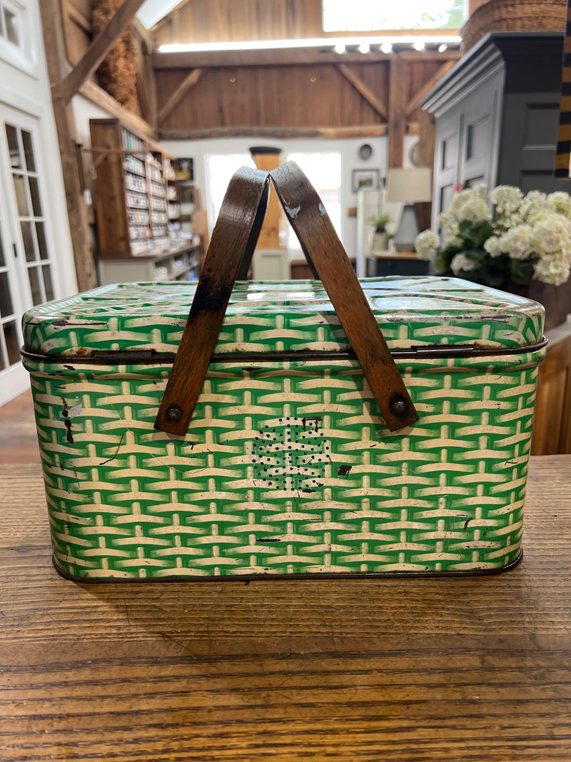 Vintage Green Faux Wicker Litho Tin Picnic Basket with Wooden Handles