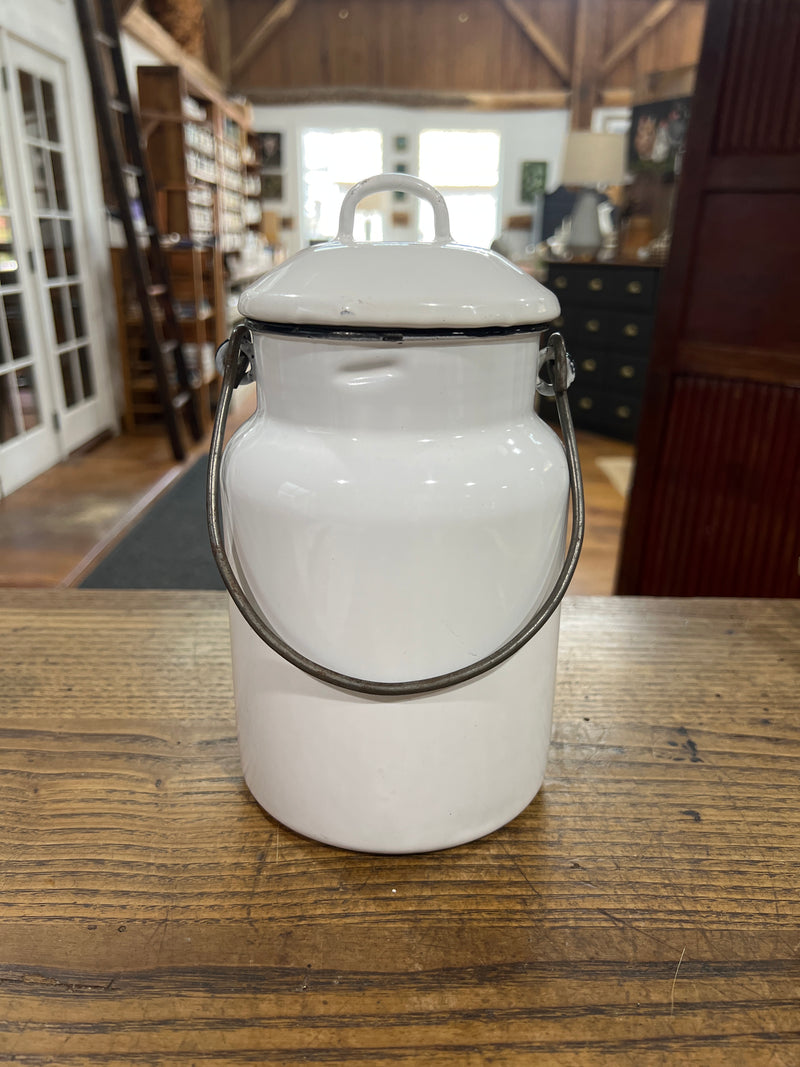 Vintage White Enamel Milk Pail with Lid