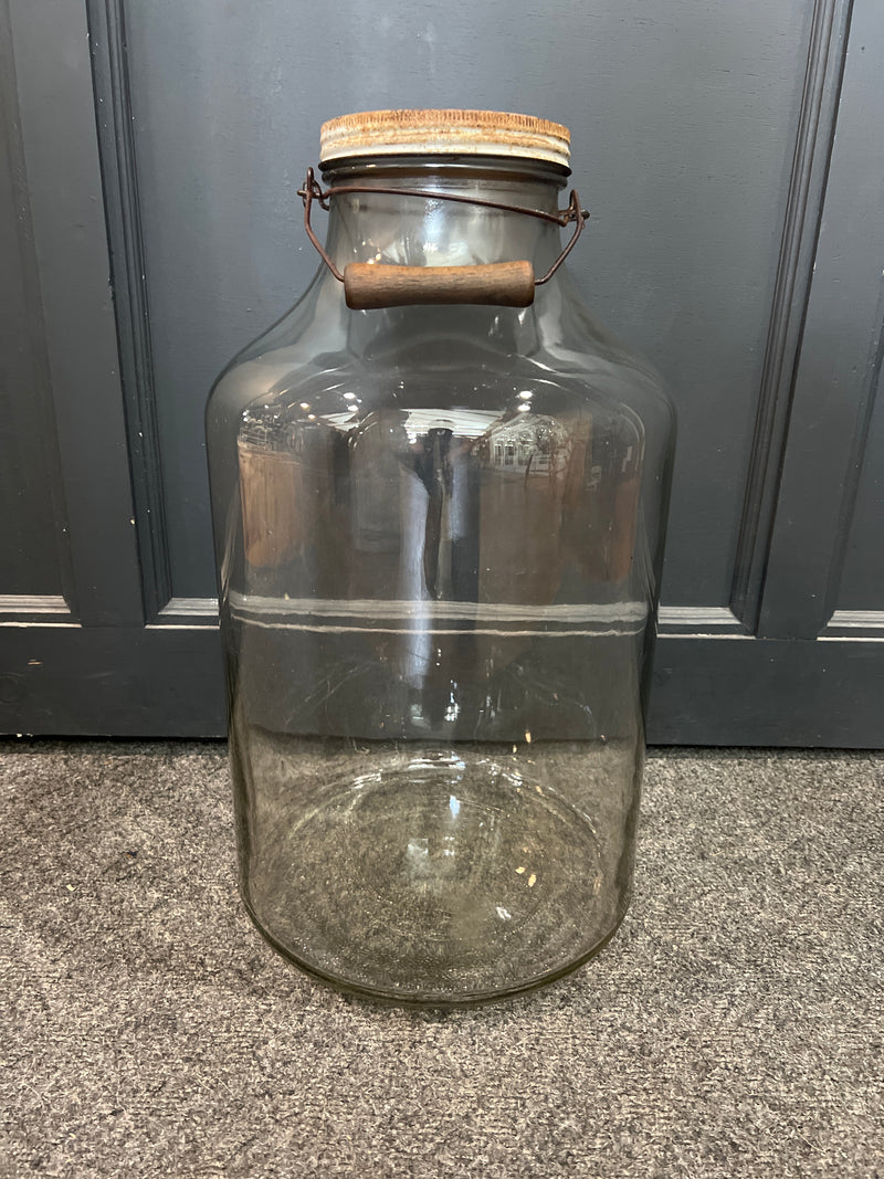 Vintage 18” Tall Clear Glass Wide Mouth Jug With Wooden Handle