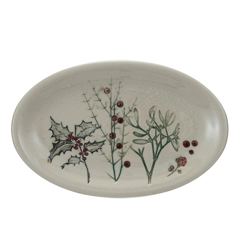 Embossed Stoneware Platter w/ Seasonal Botanicals (Each One Will Vary)