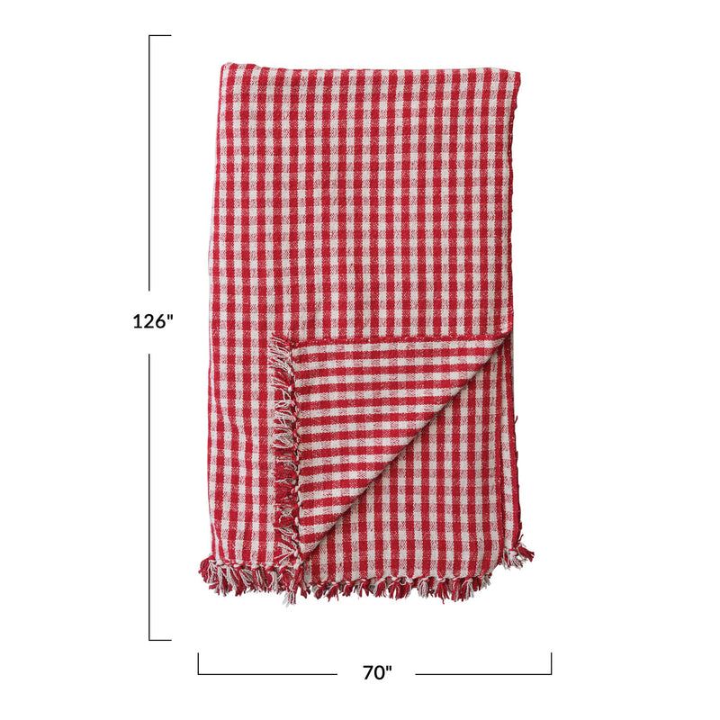 126"L x 70"W Woven Recycled Cotton Blend Tablecloth w/ Fringe, Red Gingham