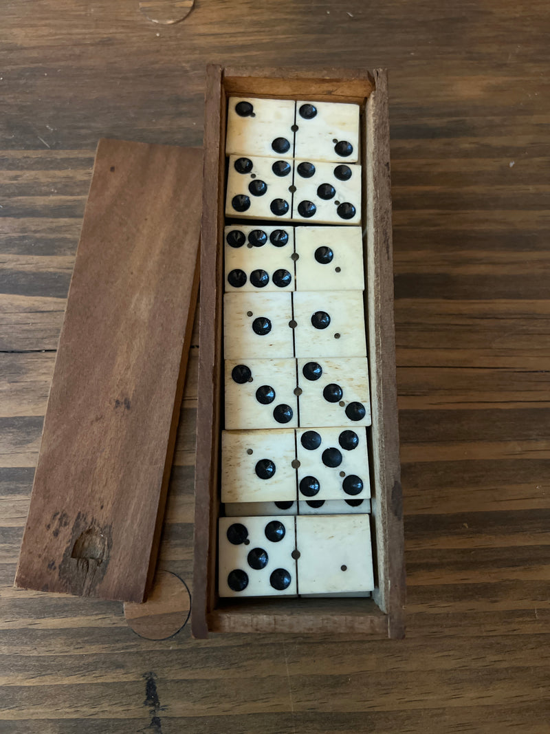 Antique Handmade 19th Century Bone Ebony Wood Dominoes Game Set in Dovetailed Box