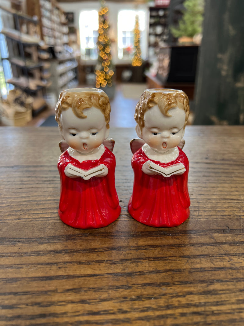 Vintage Set of Two Christmas Angles with Choir Book Candle Holders