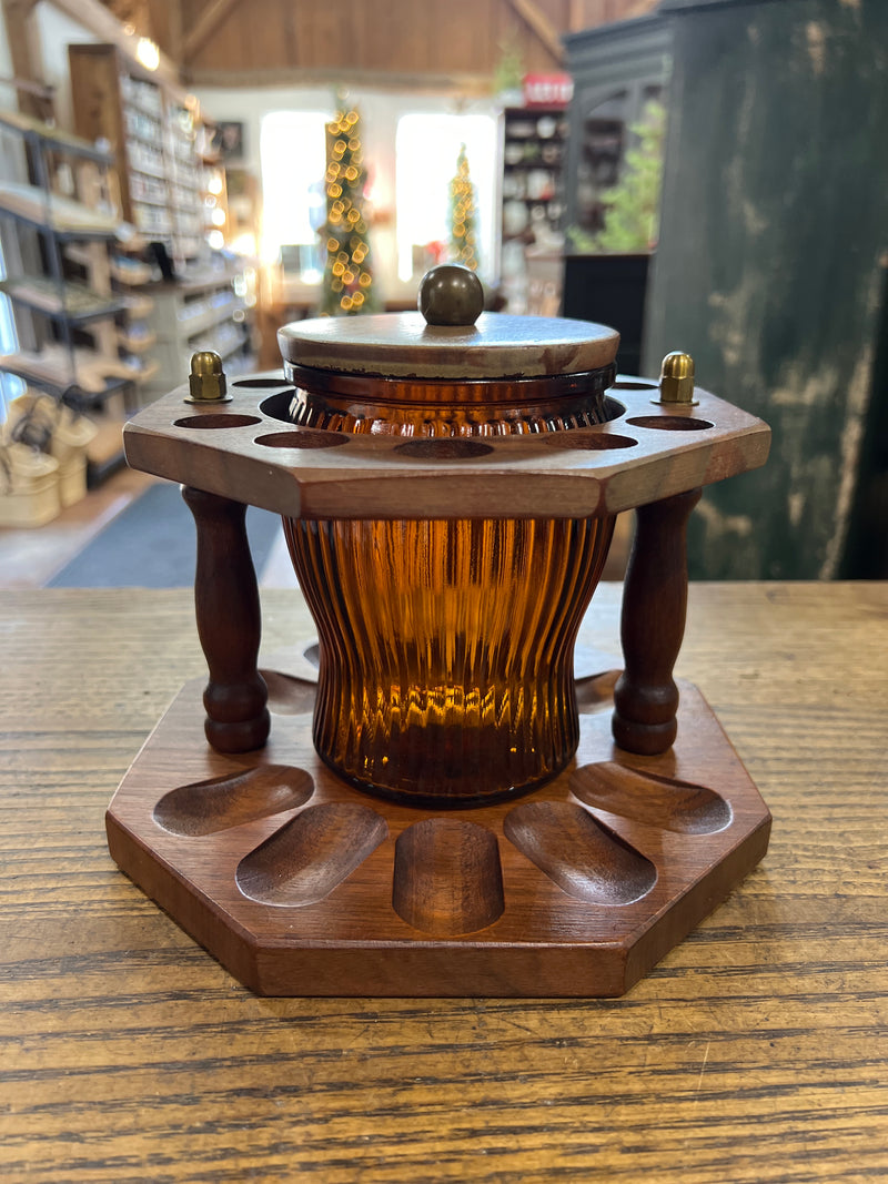 Vintage 10 Pipe Rack with Amber Glass Humidor Tobacco Jar