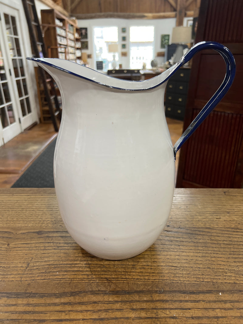 Vintage White Enamelware 11” Pitcher