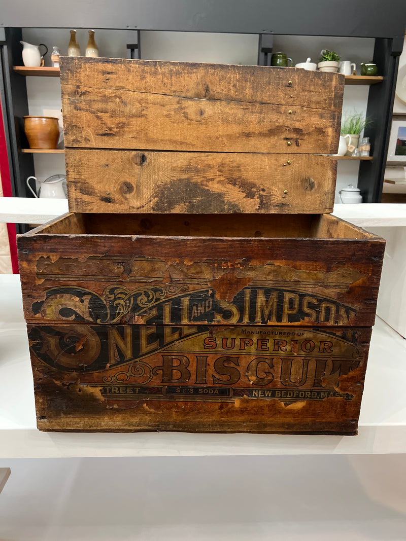 Antique Snell and Simpson Biscuit Company Leather Hinged Lid Display Wooden Box
