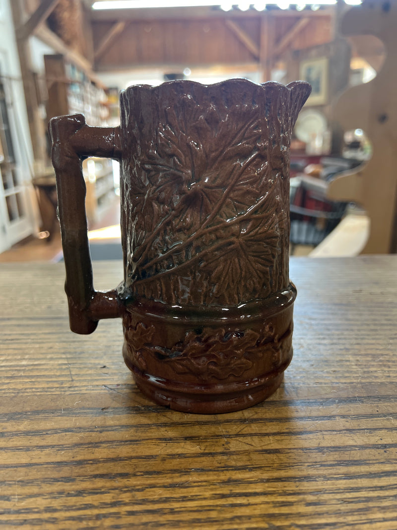Antique Majolica Pottery Oak Leaf + Acorn Brown Pitcher
