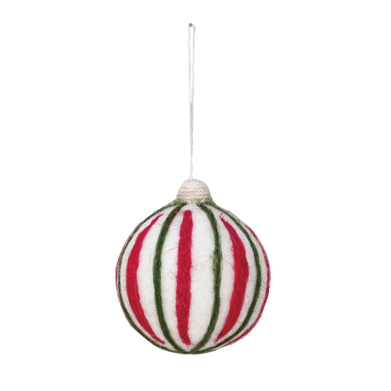 Wool Ball Ornament w/ Stripes, Red, Green & White