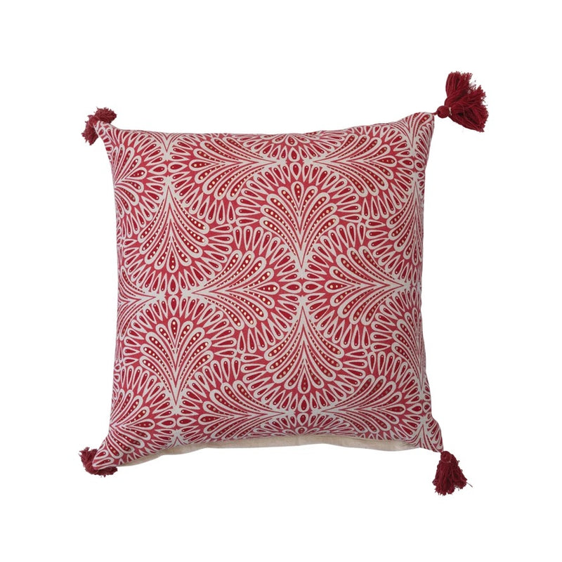 Cotton Printed Pillow w/ Pattern & Tassels, Red, White & Gold Color