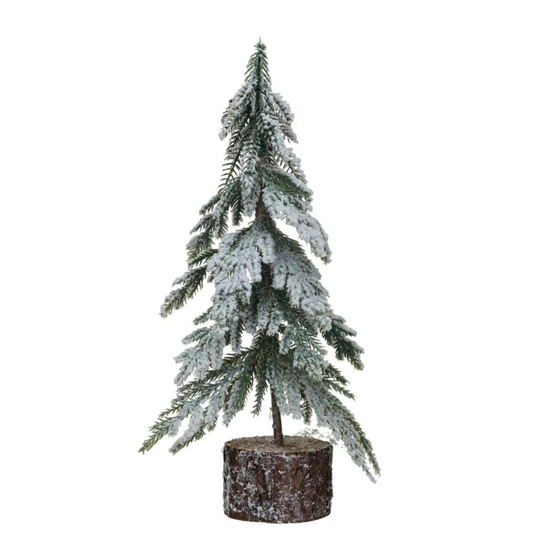 Faux Fir Tree w/ Wood Base, Snow Finish, Green