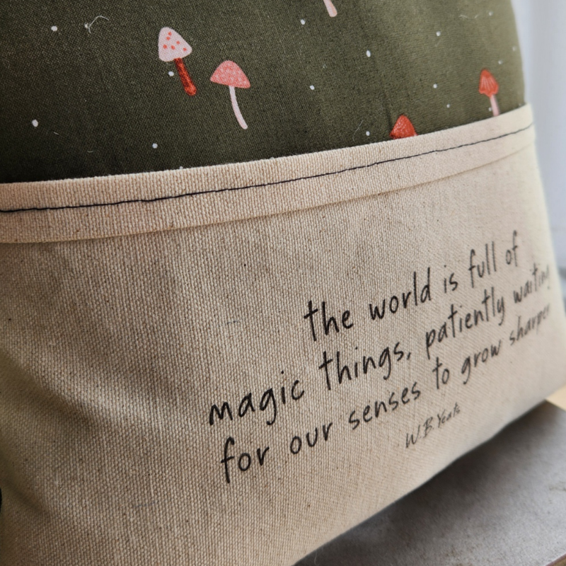 Reading Pillow- Magic Things, Yeats, tiny mushroom