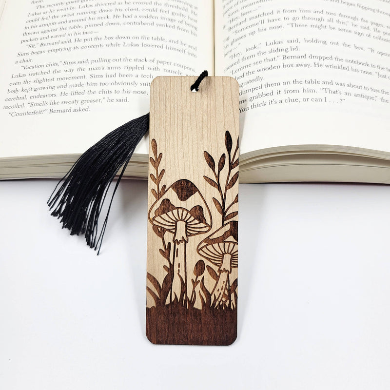 Whimsical mushrooms wood bookmark - book gifts