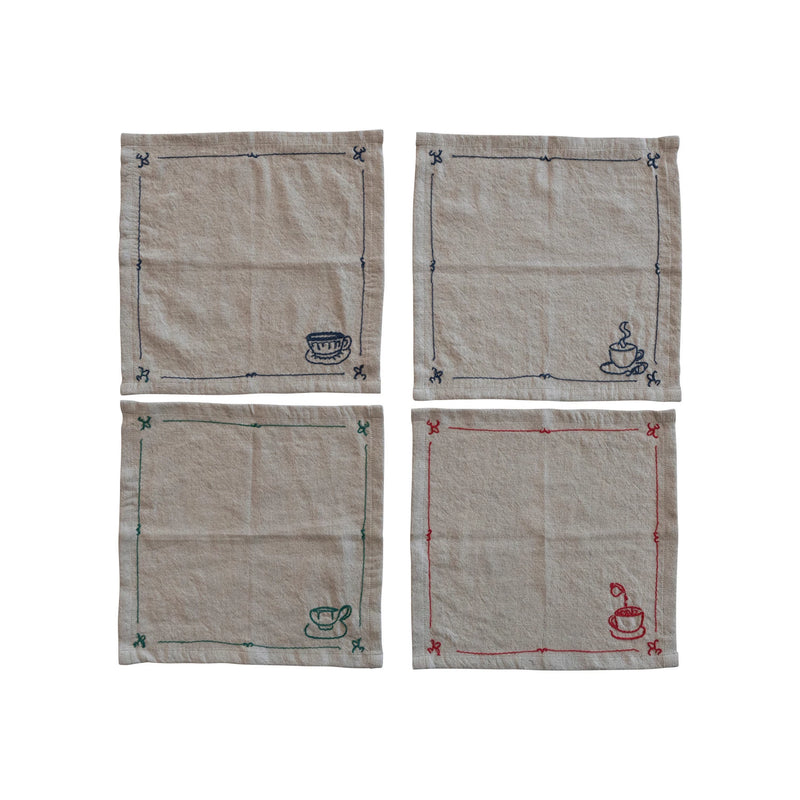 Woven Cotton & Linen Cocktail Napkins Coffee + Tea Motifs - Set of Four