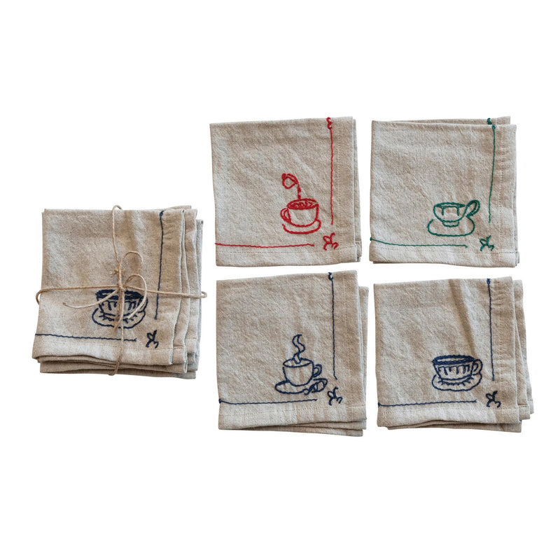 Woven Cotton & Linen Cocktail Napkins Coffee + Tea Motifs - Set of Four