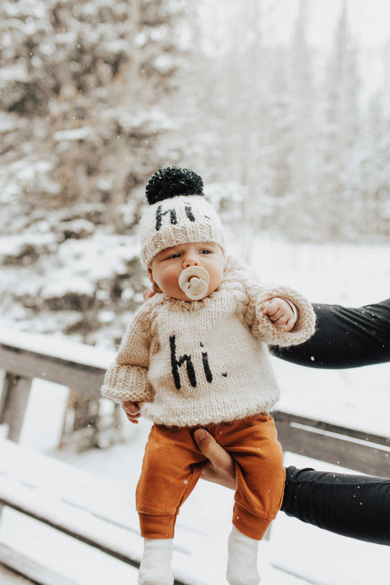 hi. Black Hand Knit Beanie Hat: S (0-6 months)