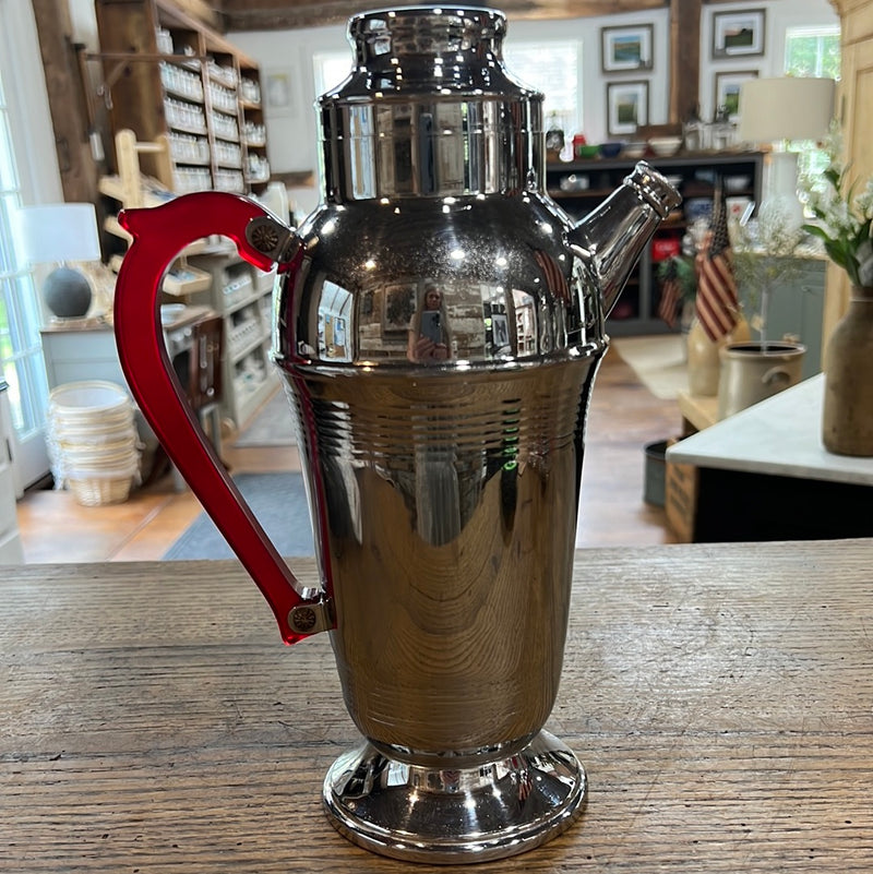Vintage Art Deco Chrome Cocktail Shaker with Red Bakelite Handle