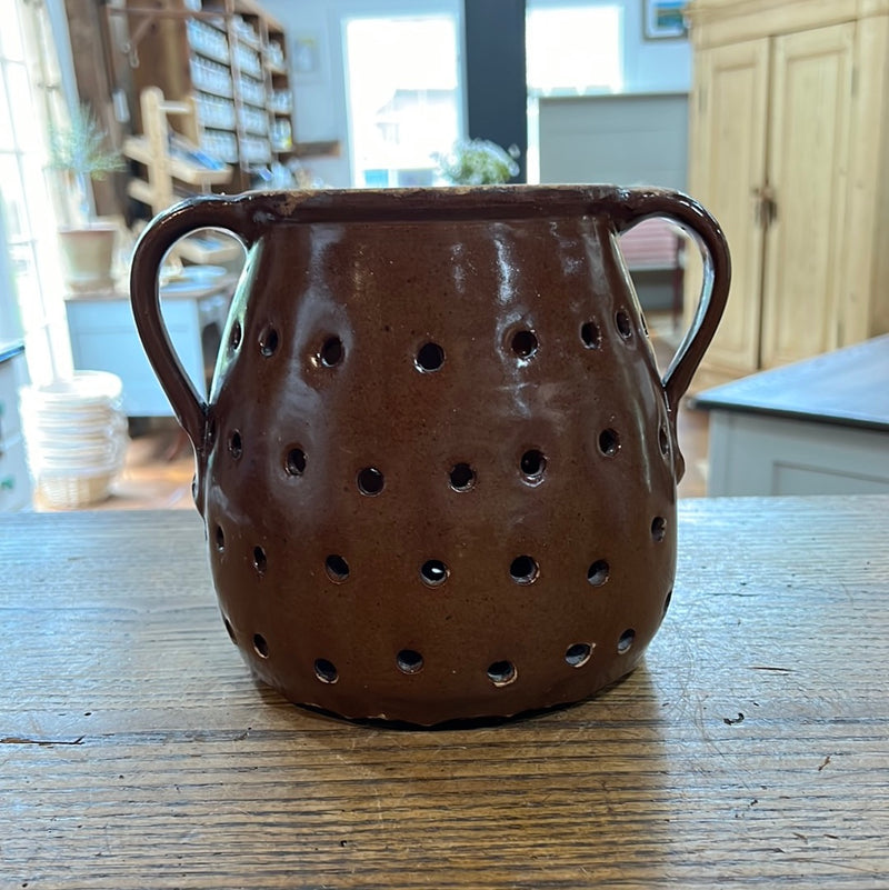 Vintage Primitive Stoneware Brown Glazed Colander with Handles