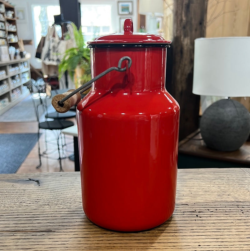 Vintage European Red Enamel Milk Pail with Lid