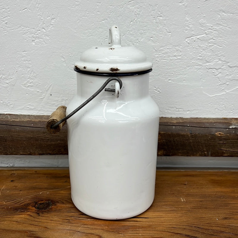 Vintage European White Enamelware Milk Pail