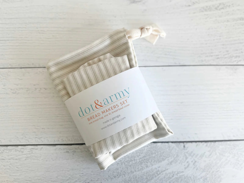 Bread Makers Set in Ticking Stripes, Bread Bag + Bowl Cover - Khaki