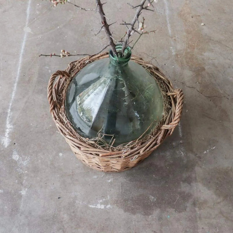 Vintage French Demijohn Green Glass Bottle in Woven Basket