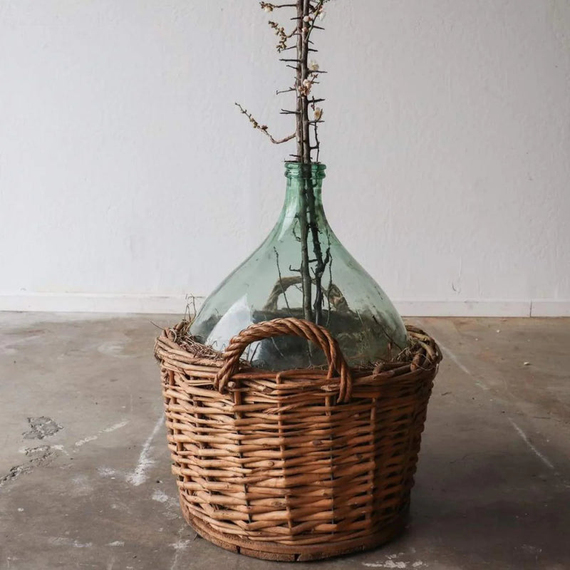 Vintage French Demijohn Green Glass Bottle in Woven Basket