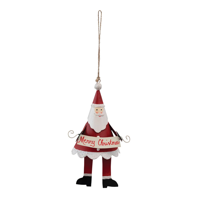 Hand-Painted Tin Santa 7" Ornament with Sign and Dangling Feet "Merry Christmas", Red