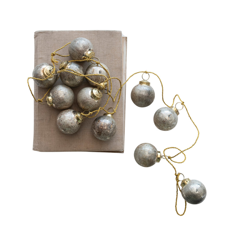 Embossed Glass Ball Ornament Garland w/ Gold Cord, Antique Silver Finish