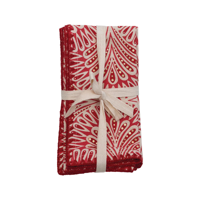 Square Cotton Printed Napkins w/ Pattern, Red, White & Gold Color, Set of 4