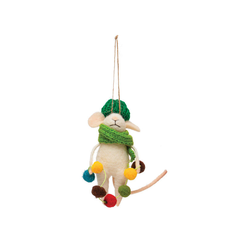 Wool Felt Mouse in Knit Scarf & Hat Ornament w/ Garland, Multi Color