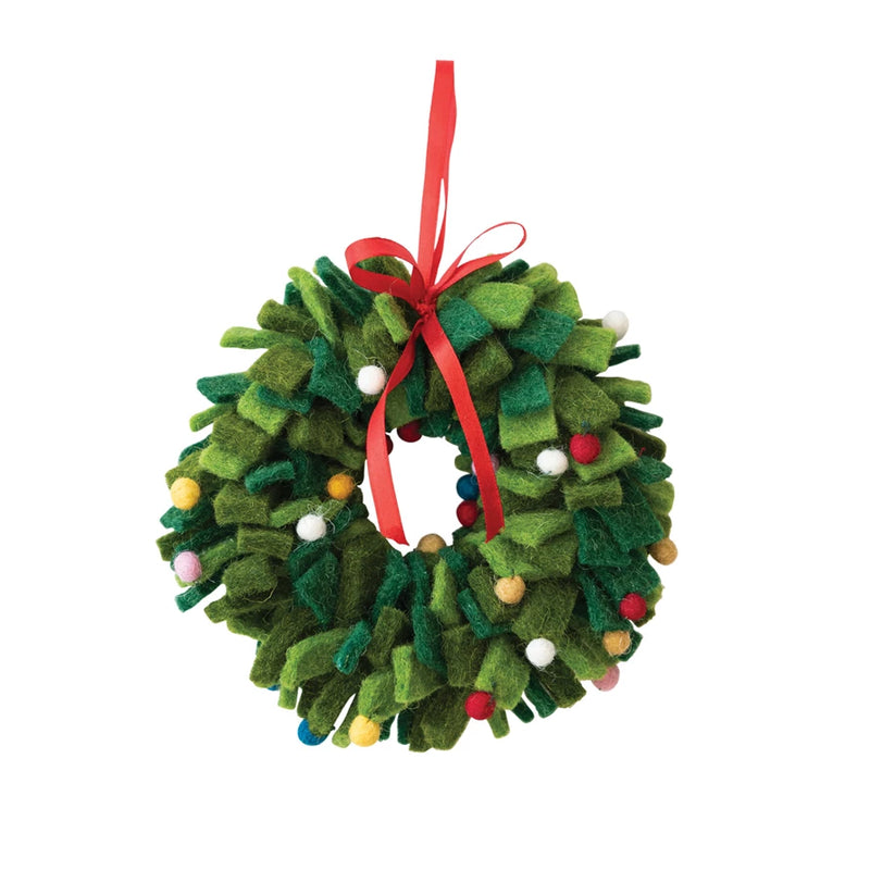 Handmade Wool Felt Wreath Ornament w/ Multi Color Pom Poms, Green