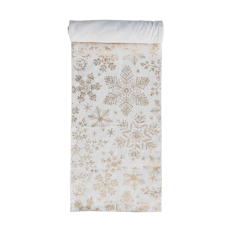 Linen & Cotton Printed Table Runner w/ Gold Foil Snowflake Pattern, White