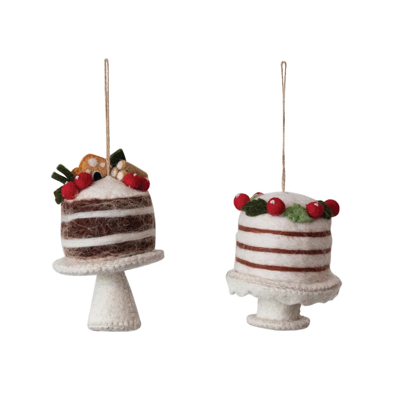 Handmade Wool Felt Cake On Pedestal Ornament w/ Applique & Embroidery, 2 Styles