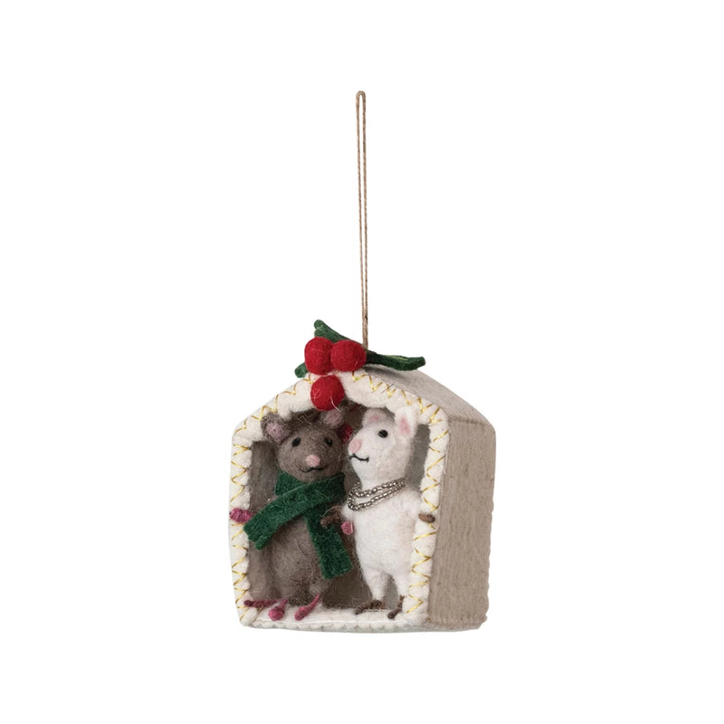 Handmade Wool Felt Mice Under the Mistletoe Ornament