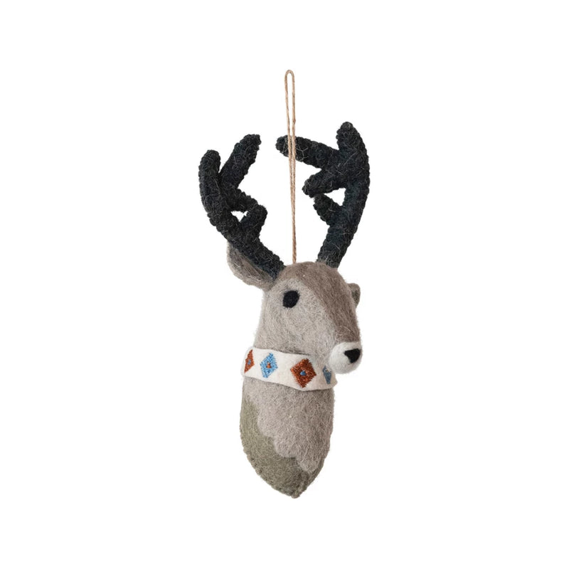 Handmade Wool Felt Reindeer Head Ornament w/ Embroidery