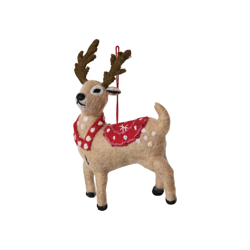 Handmade Wool Felt Reindeer Ornament w/ Embroidery