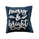 Cotton Velvet Pillow w/ Embroidered "Merry & Bright", Navy Color & White