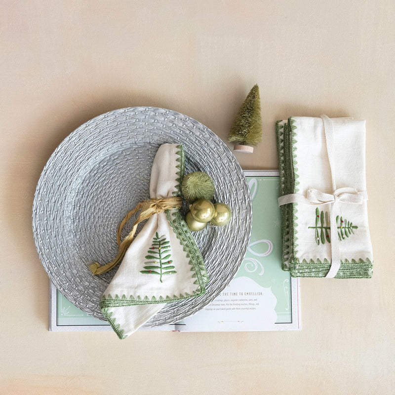 Cotton Napkins w/ Embroidered Tree & Edge, Natural & Green, Set of 4