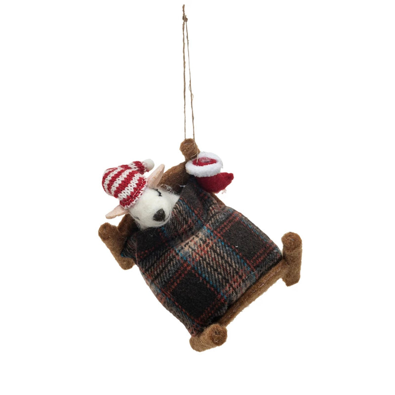 Handmade Wool Felt Mouse in Bed Ornament w/ Hat & Stocking