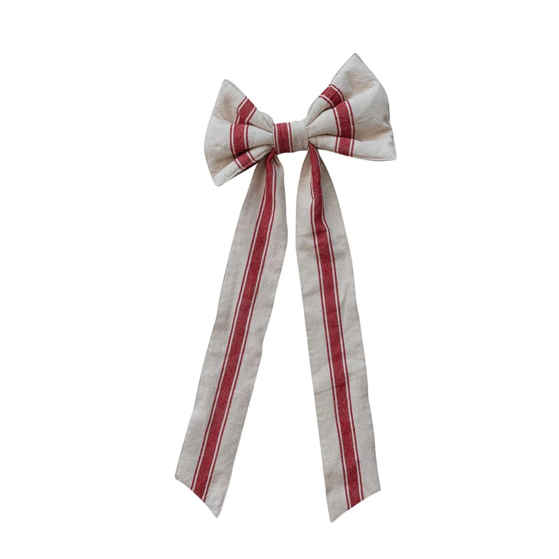 Woven Cotton Clip-on Bow with Stripes, Natural & Red