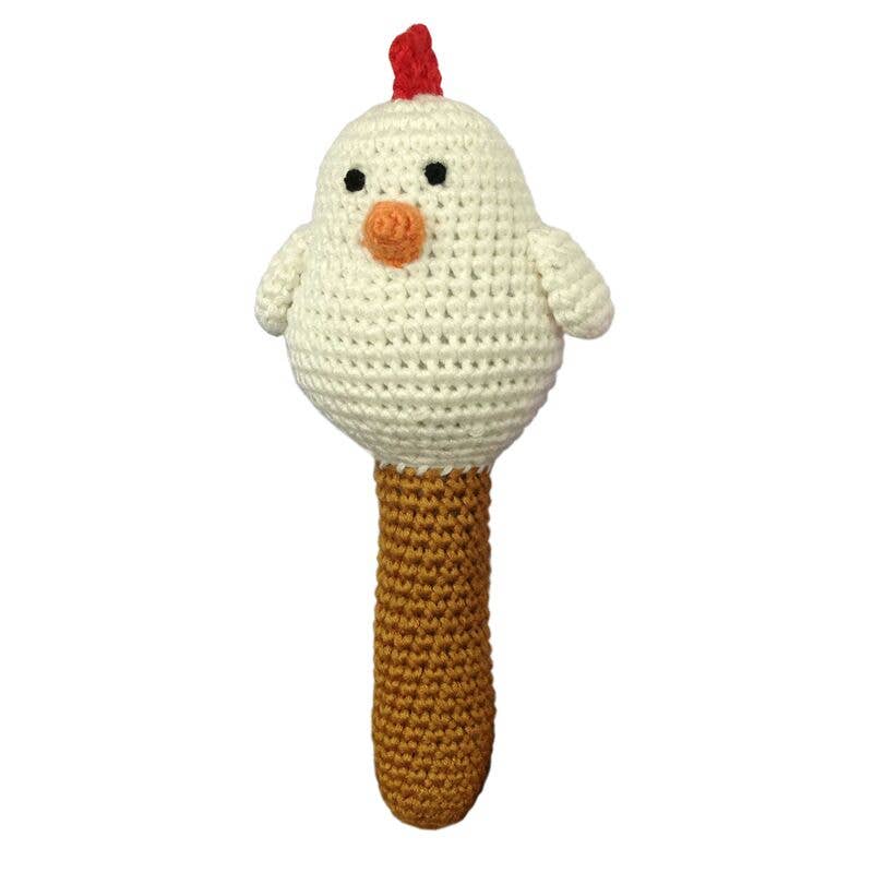White Hen Stick Hand Crocheted Rattle