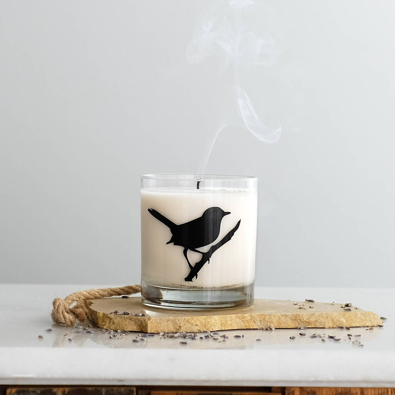 Wren Soy Candle, bird silhoutte screen print: Mountain Pine