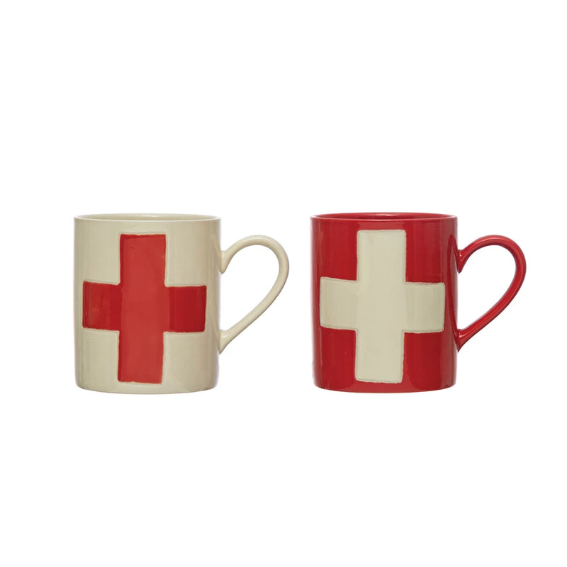 Handmade Stoneware Mug with Wax Relief Swiss Cross, 2 Styles