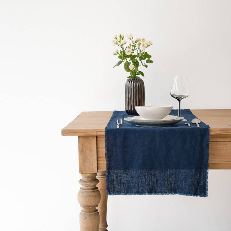 Linen Table Runner with Fringes - Navy