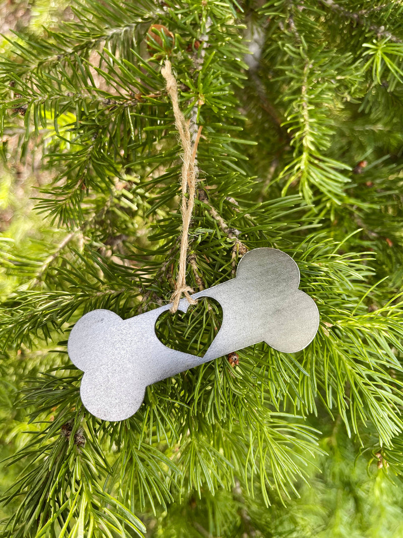 Dog Bone Pet Ornament with heart made from Raw Steel