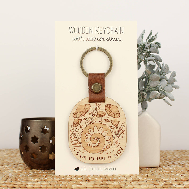 forest snail wooden keychain with leather strap